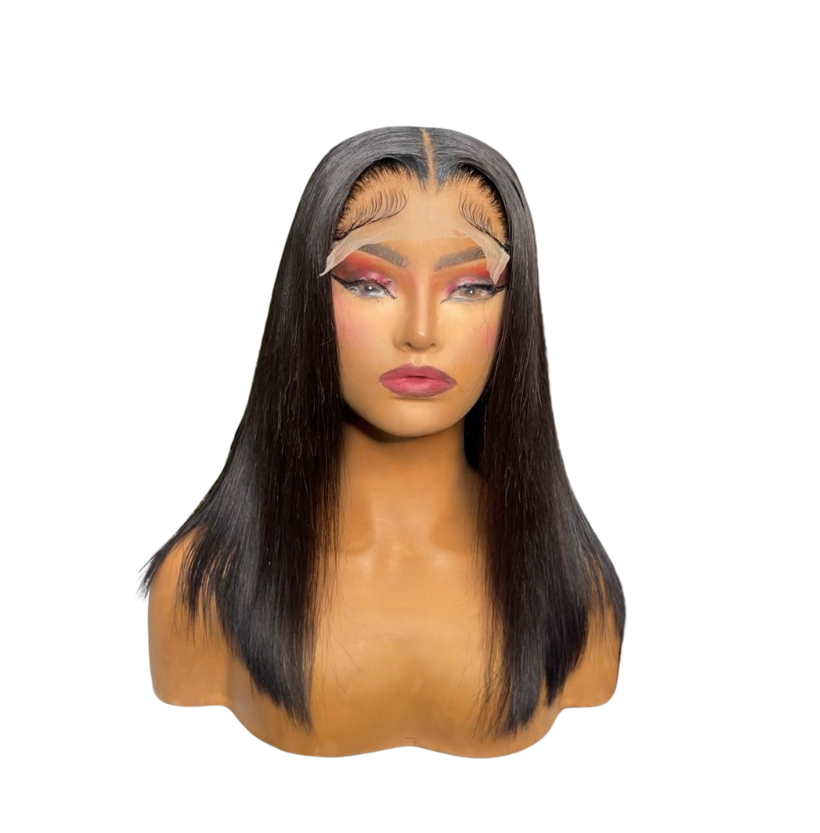 A mannequin head features a sleek, straight, shoulder-length wig with a middle part. The wig is dark brown and styled with prominent baby hairs along the hairline.