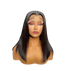 A mannequin head features a sleek, straight, shoulder-length wig with a middle part. The wig is dark brown and styled with prominent baby hairs along the hairline.