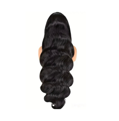 A mannequin head with long, wavy black hair is displayed. The hair is styled in smooth, defined waves that cascade down the back, showcasing a glossy and voluminous texture.